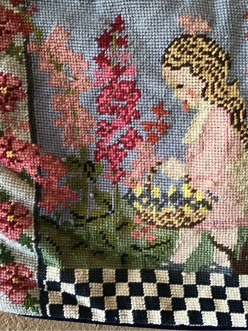 Needlepoint Accent Pillowcase Summer Garden Children Scene
